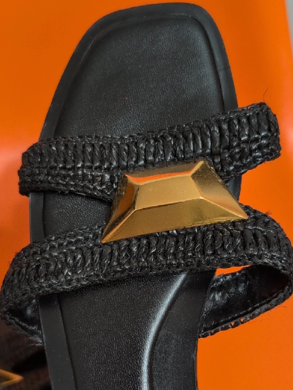Zara Black Braided Slide Sandals with Gold Geometric Accent - Picture 6 of 7